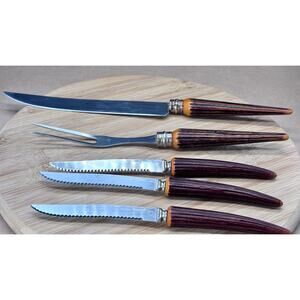 Vintage Forgecraft Steak Knives Carving Set Faux Antler Handles Rustic Decor